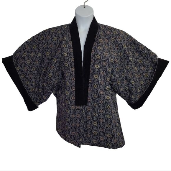 VINTAGE Japanese navy blue floral boro cloth padded kimono with‎ velvet collar - Picture 1 of 9